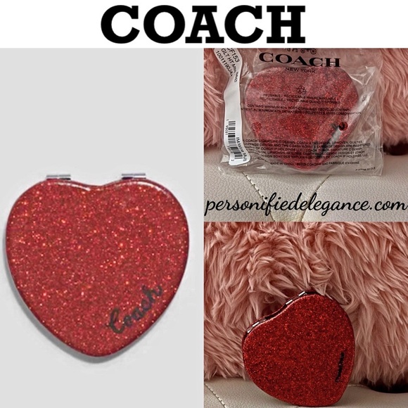 NEW Coach Wine Multi Glitter Heart Shaped Dual Sided Compact Mirror - Picture 16 of 16